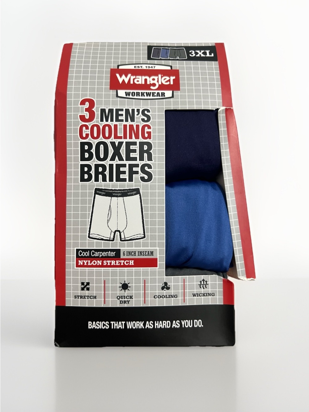 NWT Wrangler Men's Cooling Boxer Briefs - 3 pack 3XL 6” inseam